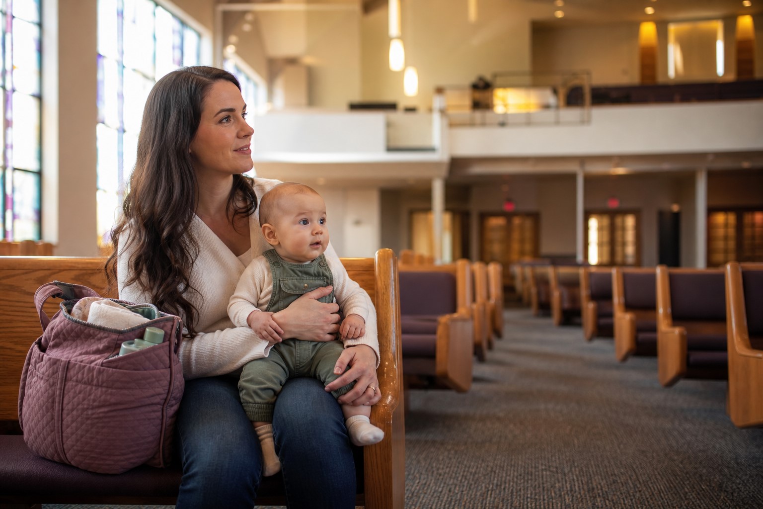 Mother holds an alert baby at the aisle end of a church pew beside an organized diaper bag.