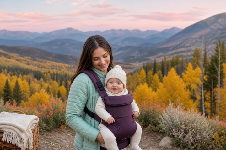 A parent carries a smiling baby in a front carrier at a broad overlook with golden Colorado aspens and mountain ridges.