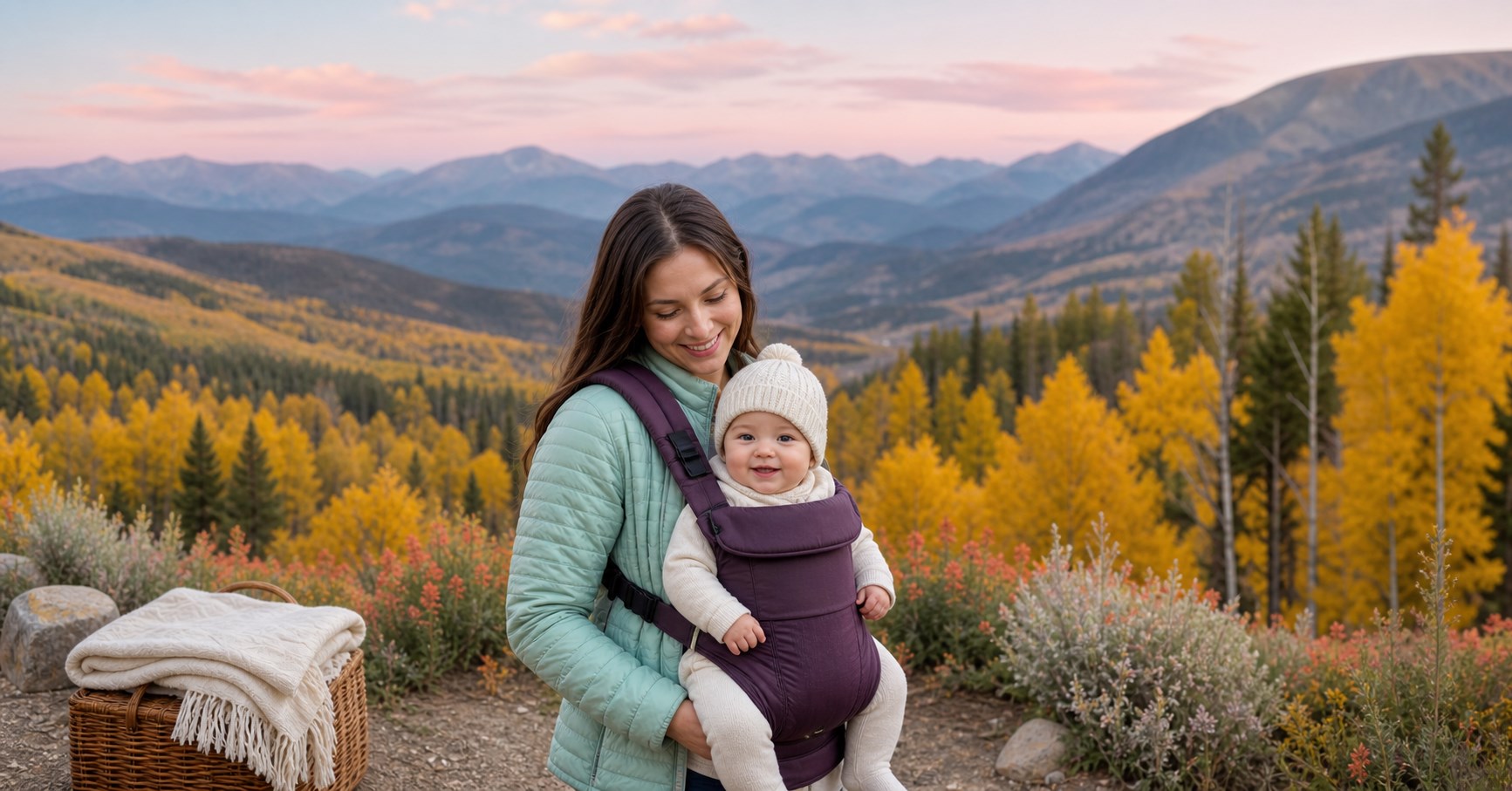 A parent carries a smiling baby in a front carrier at a broad overlook with golden Colorado aspens and mountain ridges.