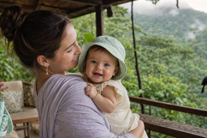 A parent holds a smiling baby on a shaded veranda overlooking a misty Costa Rican cloud forest.