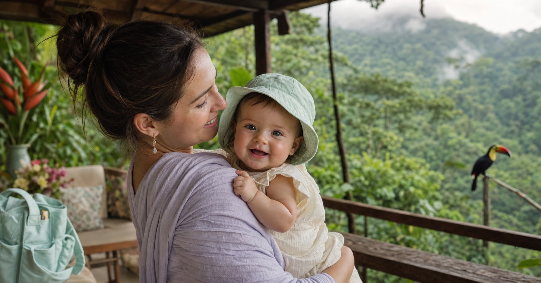 A parent holds a smiling baby on a shaded veranda overlooking a misty Costa Rican cloud forest.