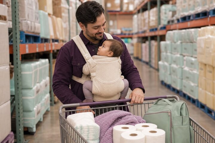 Father wearing his awake baby in a cream carrier while pausing with a stocked cart in a warehouse aisle