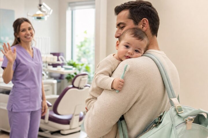 Father carries a calm baby holding a mint toothbrush while a dentist waves from the clinic doorway.