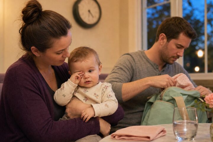 Parent holding an awake baby rubbing one eye at a quiet evening restaurant table while another caregiver packs a mint diaper bag.