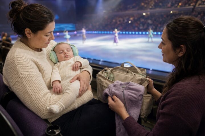 A caregiver holds a sleeping baby wearing mint hearing protectors while another holds a lavender sleep sack beside an ice rink.