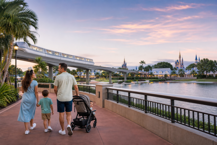 Editorial scene illustrating taking baby to disney world in a bright home setting.