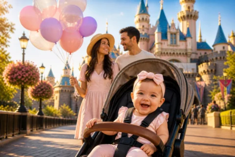 Editorial scene illustrating taking baby to disneyland in a bright home setting.