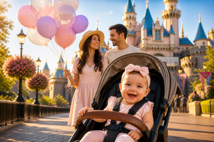 Editorial scene illustrating taking baby to disneyland in a bright home setting.