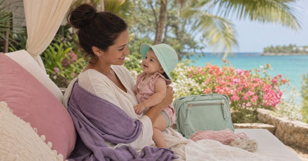 A parent holds a smiling baby under a shaded cabana with turquoise Caribbean water and tropical flowers behind them.