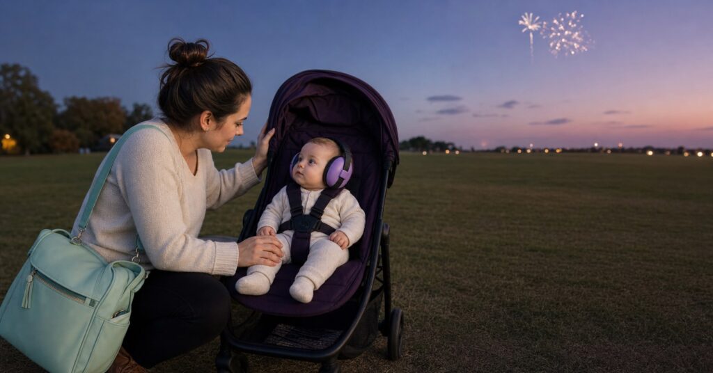 Caregiver checks a baby wearing lavender ear defenders in a stroller far across a field from fireworks.