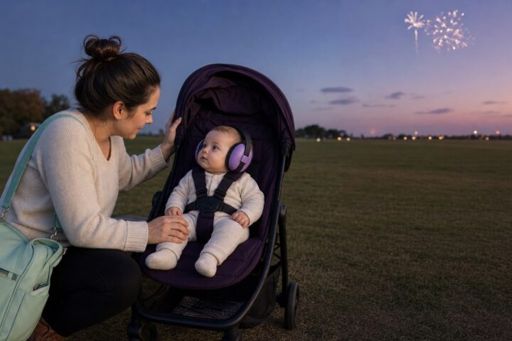 Caregiver checks a baby wearing lavender ear defenders in a stroller far across a field from fireworks.