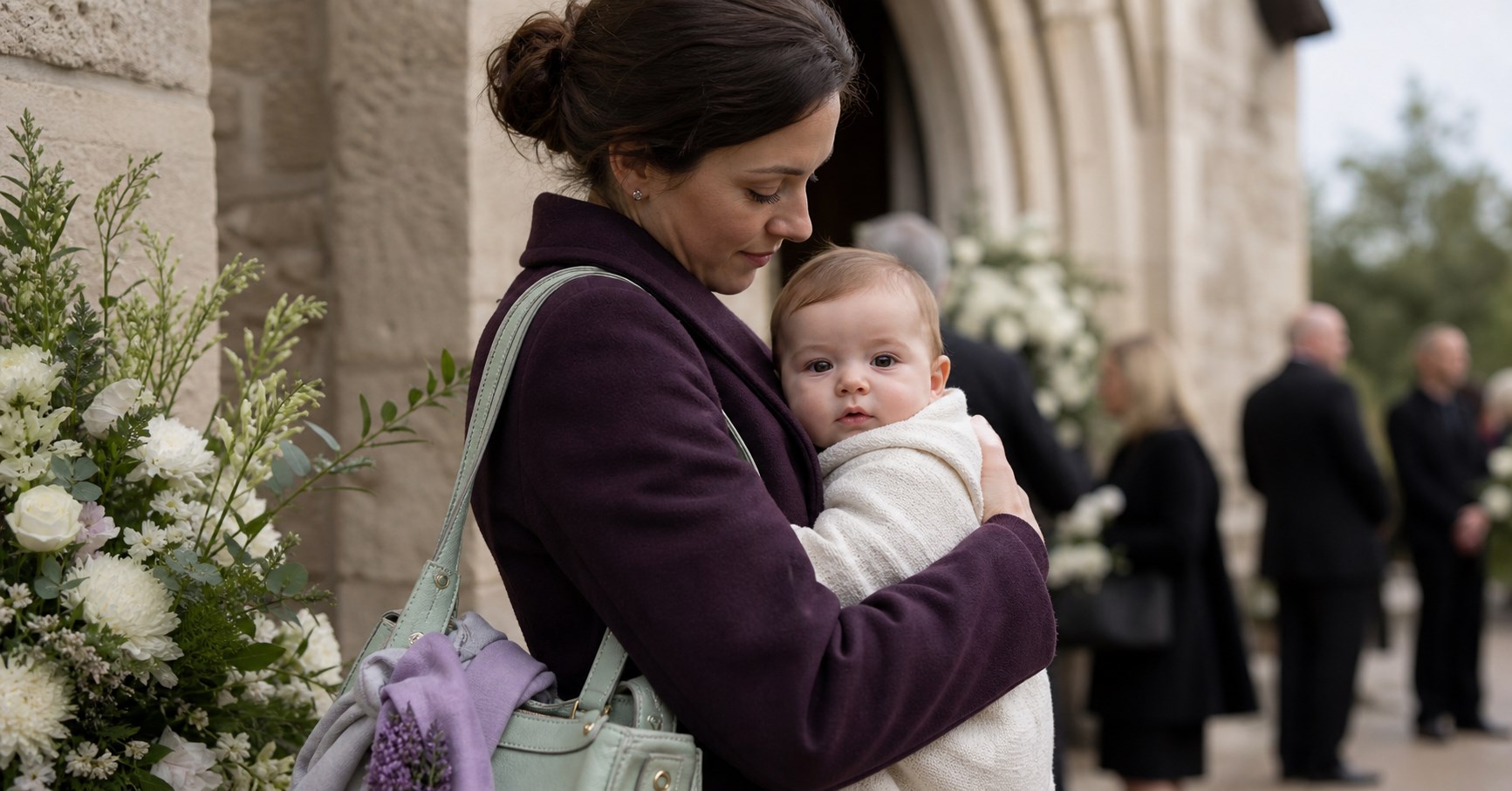 Mother holding her awake baby beside white memorial flowers outside a stone chapel