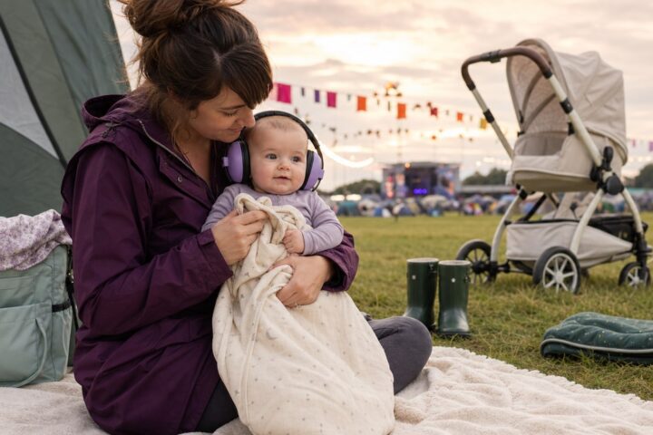 Mother holding her awake baby in lavender hearing protectors on a cream blanket at a quiet festival campsite