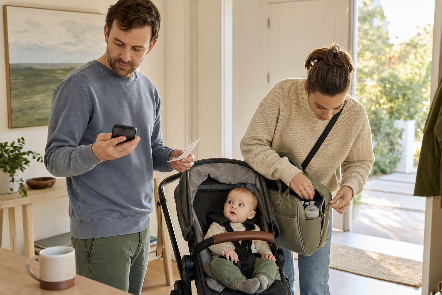 Parents check a phone and short paper list beside their alert baby secured in a stroller and a compact diaper bag.