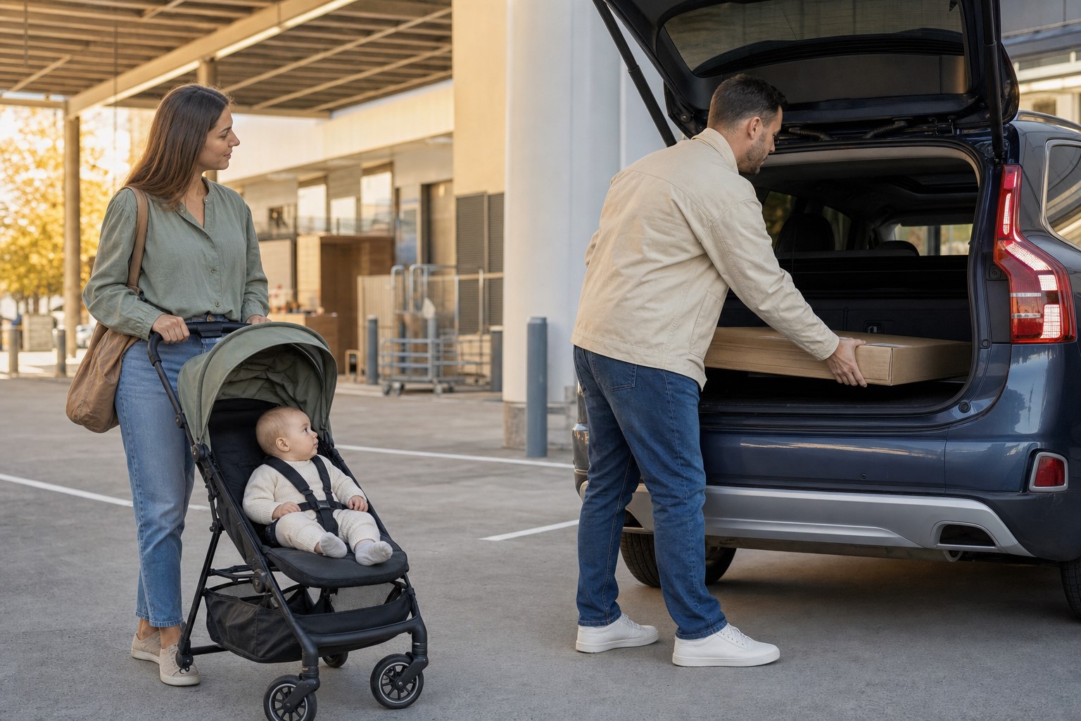 One parent supervises an alert baby in a stroller while another parent loads a flat-pack box into a parked family car.