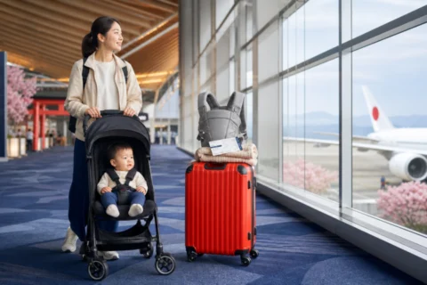 Parent stands with a stroller and suitcase at an airport terminal before a trip to Japan.