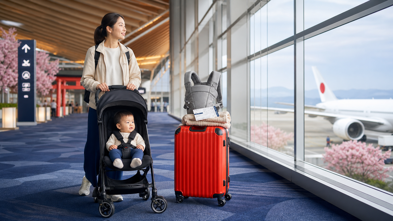 Parent stands with a stroller and suitcase at an airport terminal before a trip to Japan.