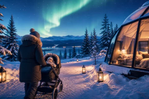 Parent pushing a stroller along a snowy path beside a glass cabin under the northern lights.