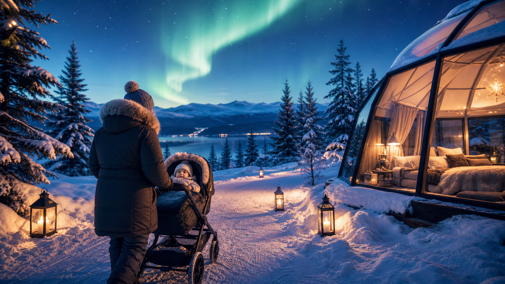 Parent pushing a stroller along a snowy path beside a glass cabin under the northern lights.