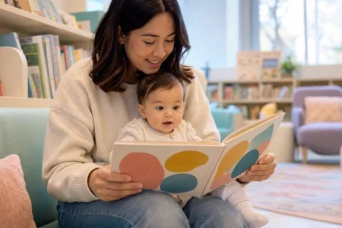 Parent reading an abstract picture book with an awake baby on their lap in a pastel children's library.
