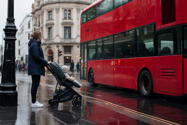 A parent pushing a stroller beside a red double-decker bus on a rainy London street.