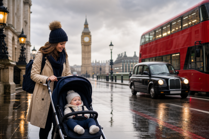 Parent pushing a stroller on a wet London street with Big Ben and a red double-decker bus in the background.