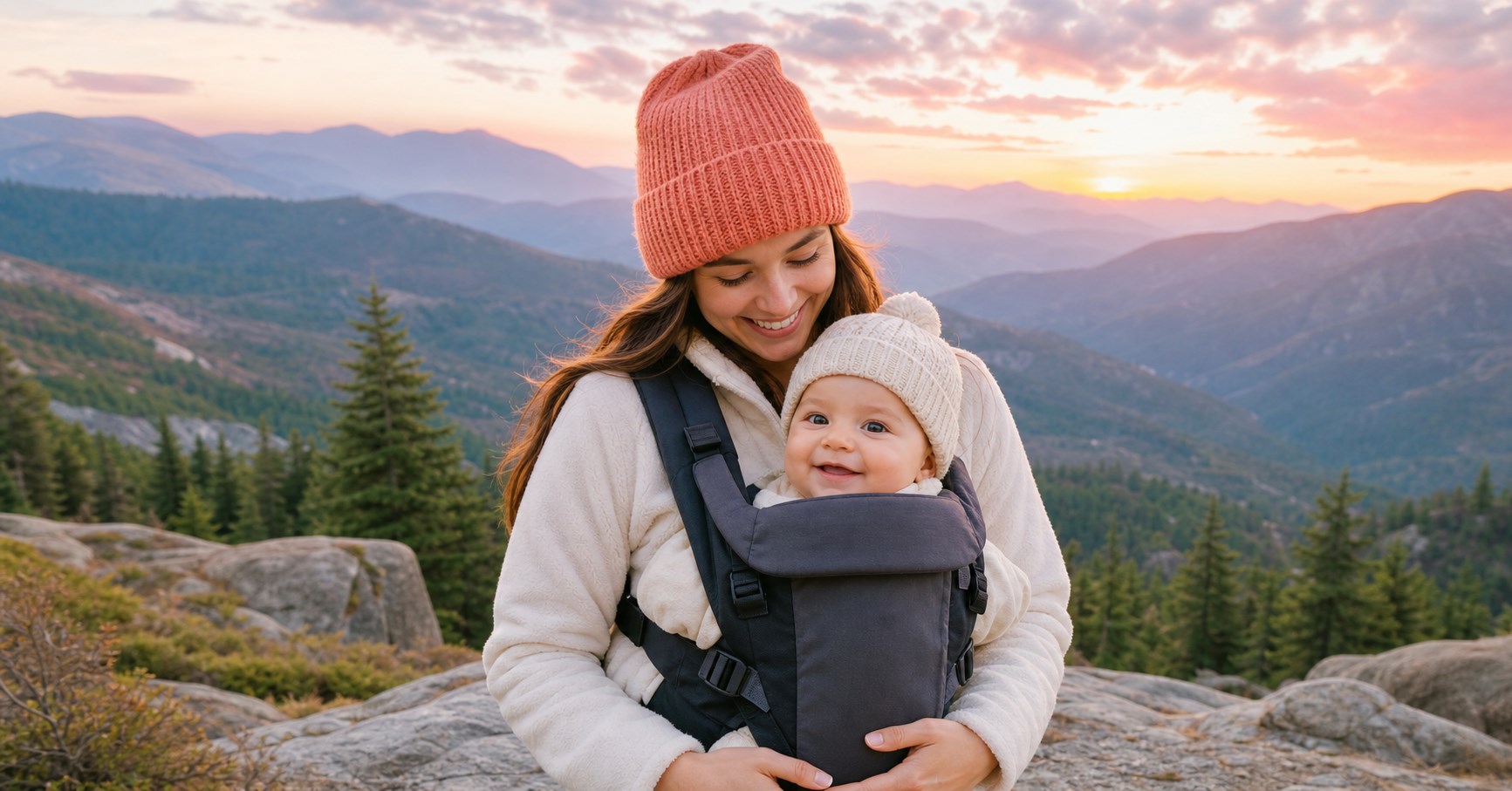 Mother adjusting her awake baby's warm layers beside an empty travel crib in a mountain cabin at dusk