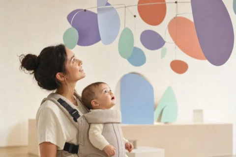 Father cradles a drowsy baby beside a stroller in a quiet art museum gallery.