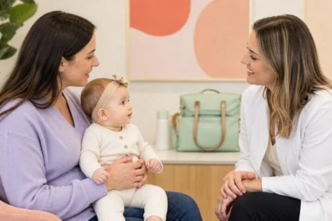 Parent holds an awake baby on their lap while speaking with a smiling clinician in a bright consultation room.
