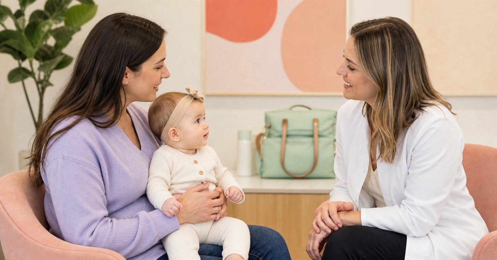 Parent holds an awake baby on their lap while speaking with a smiling clinician in a bright consultation room.