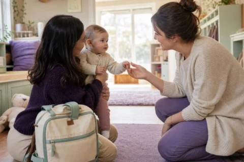 Mother holding an awake baby as a nursery caregiver offers her hand in a mint-and-lavender daycare room