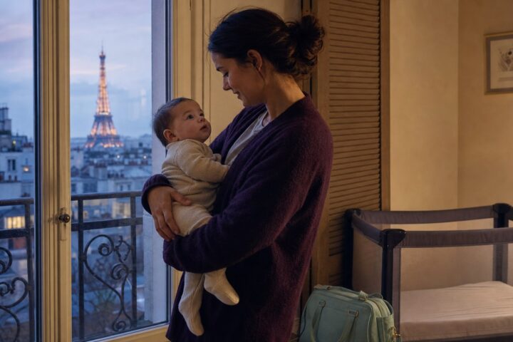 Mother holding her awake baby beside an empty travel crib in a Paris apartment at dusk