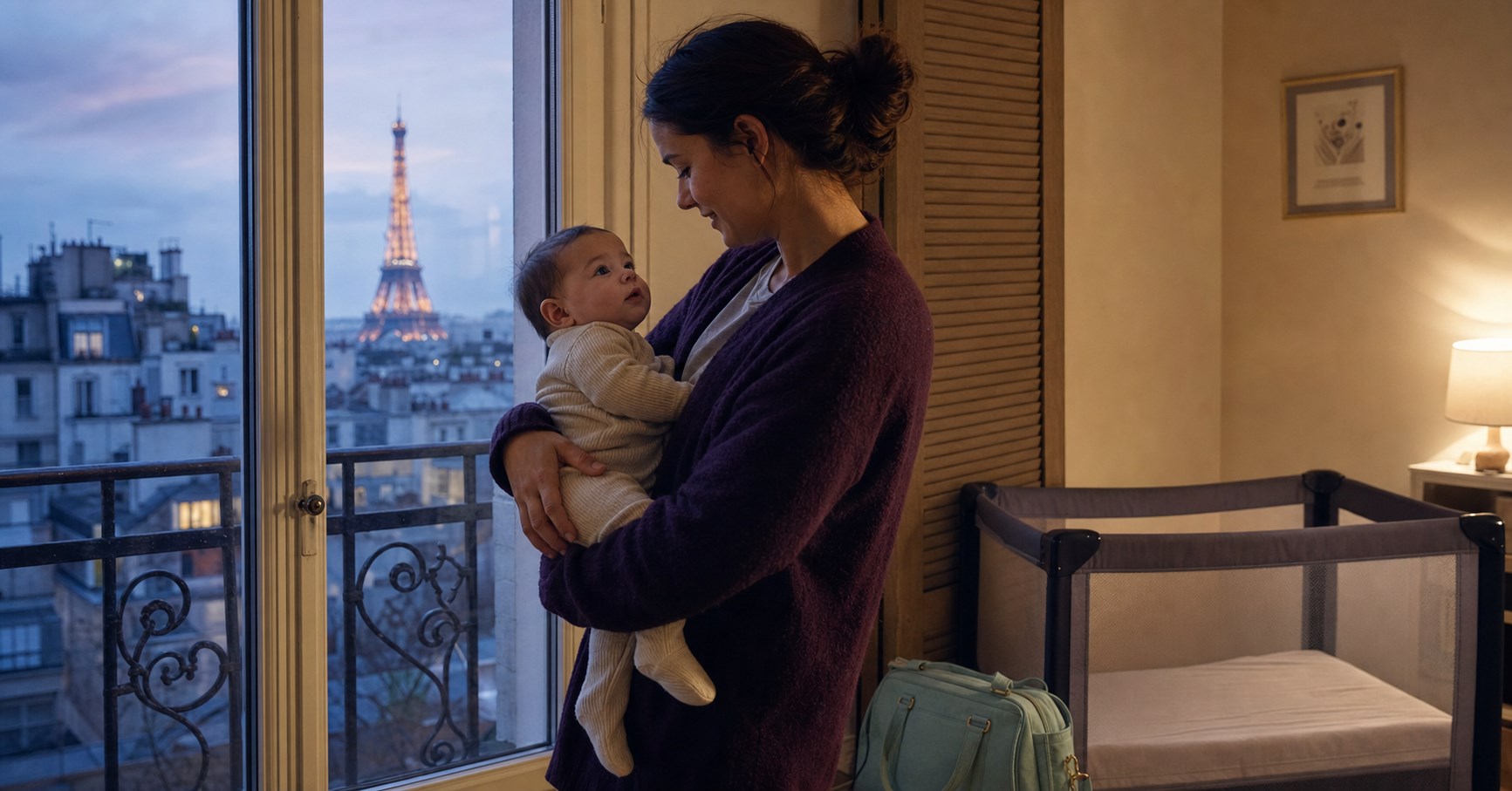 Mother holding her awake baby beside an empty travel crib in a Paris apartment at dusk