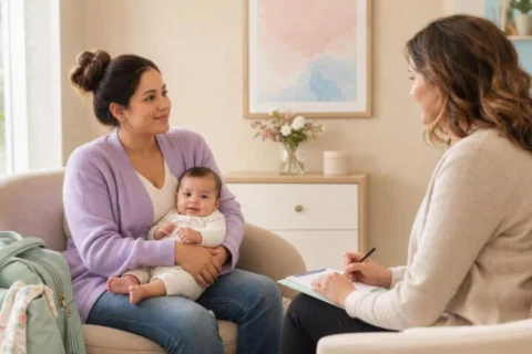 Mother holding her awake baby while speaking with a clinician in a bright postpartum appointment room