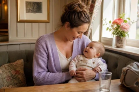 Mother holding her awake baby in a sunny family-friendly pub booth with flowers and a diaper bag nearby
