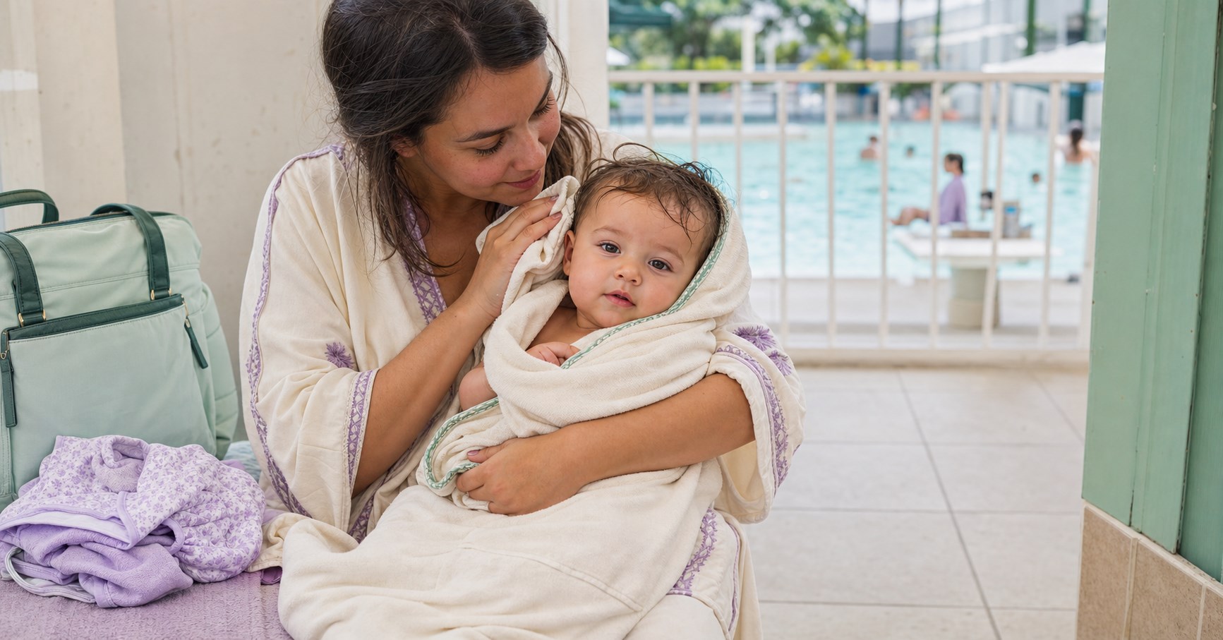 Mother drying her awake baby in a cream towel beside a fenced public pool