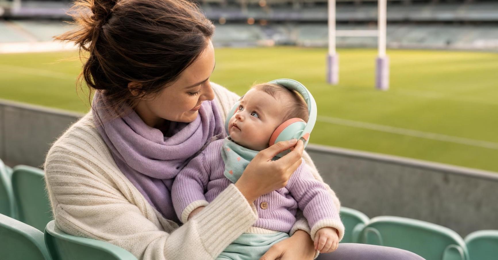 Mother adjusting mint and coral earmuffs on her awake baby in stadium seating beside a rugby field