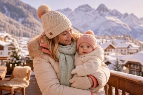 Mother holding an awake bundled baby on a snowy ski-resort terrace with mountain peaks behind them