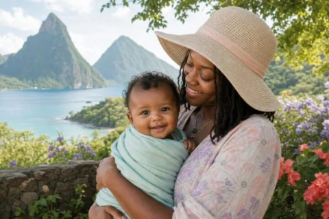 Mother holding a smiling baby at a tropical overlook with ocean and Saint Lucia's twin peaks behind them