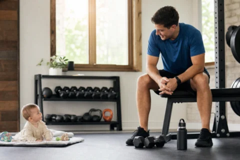 Parent sitting on a gym bench while a baby lies calmly on a mat nearby.