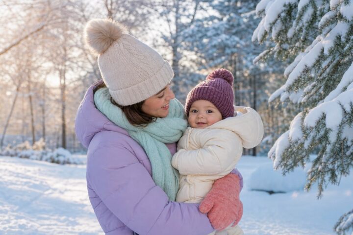 Parent in a lavender coat holding an awake bundled baby beside snow-covered pine trees in morning light.