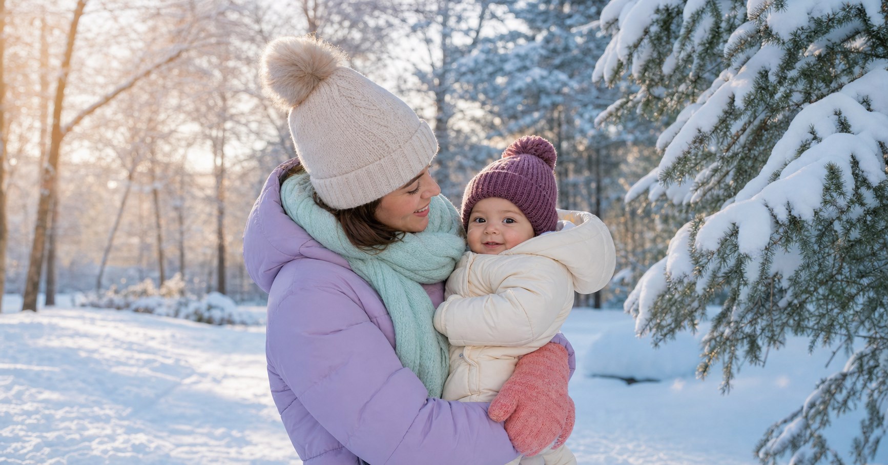 Parent in a lavender coat holding an awake bundled baby beside snow-covered pine trees in morning light.