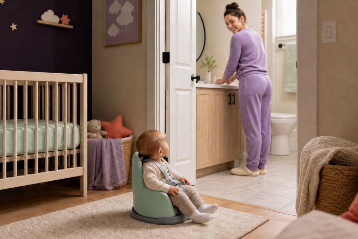 A caregiver washes hands while an awake baby sits securely strapped into a floor-level seat outside the bathroom doorway.
