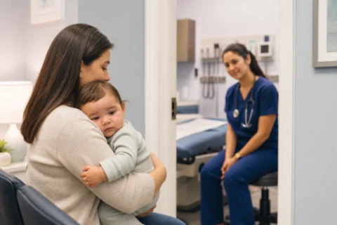 Editorial scene illustrating taking baby to urgent care in a bright home setting.