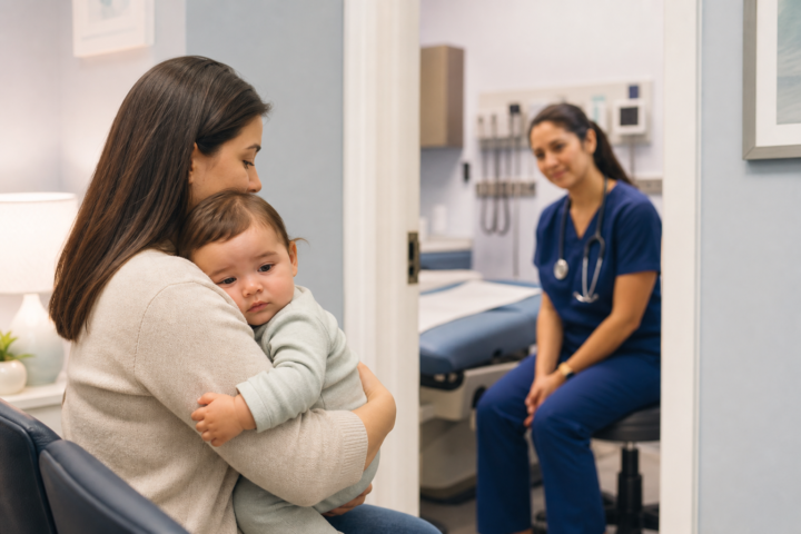Editorial scene illustrating taking baby to urgent care in a bright home setting.