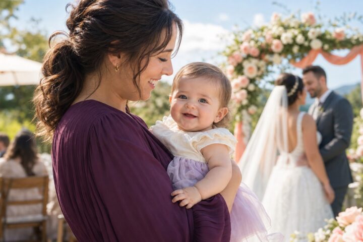 Parent in plum holding a smiling awake baby at a garden wedding with the couple and flower arch softly blurred behind them.