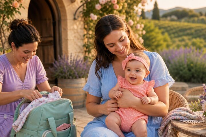 Two caregivers with a smiling awake baby and mint diaper bag on a shaded terrace overlooking grapevines.