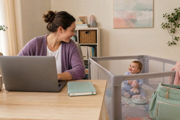 A parent smiles at an awake baby in a nearby play yard while working at a home-office desk.