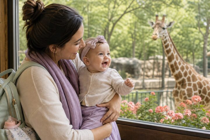 A parent holds a smiling baby beside a shaded zoo window with a giraffe in the habitat beyond.