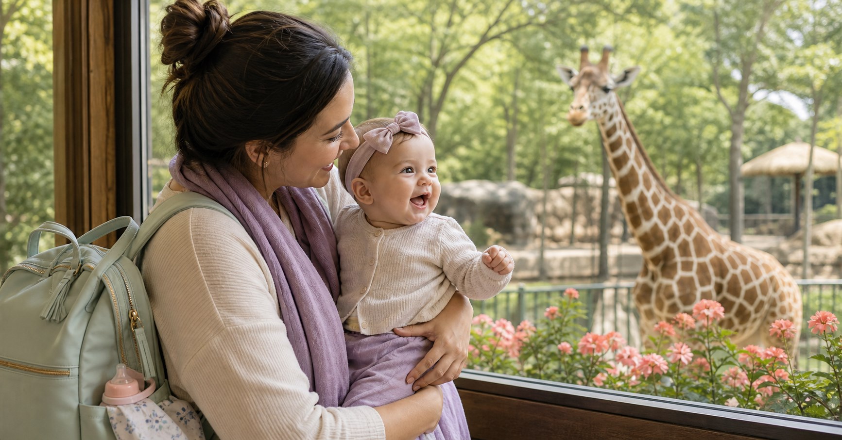A parent holds a smiling baby beside a shaded zoo window with a giraffe in the habitat beyond.